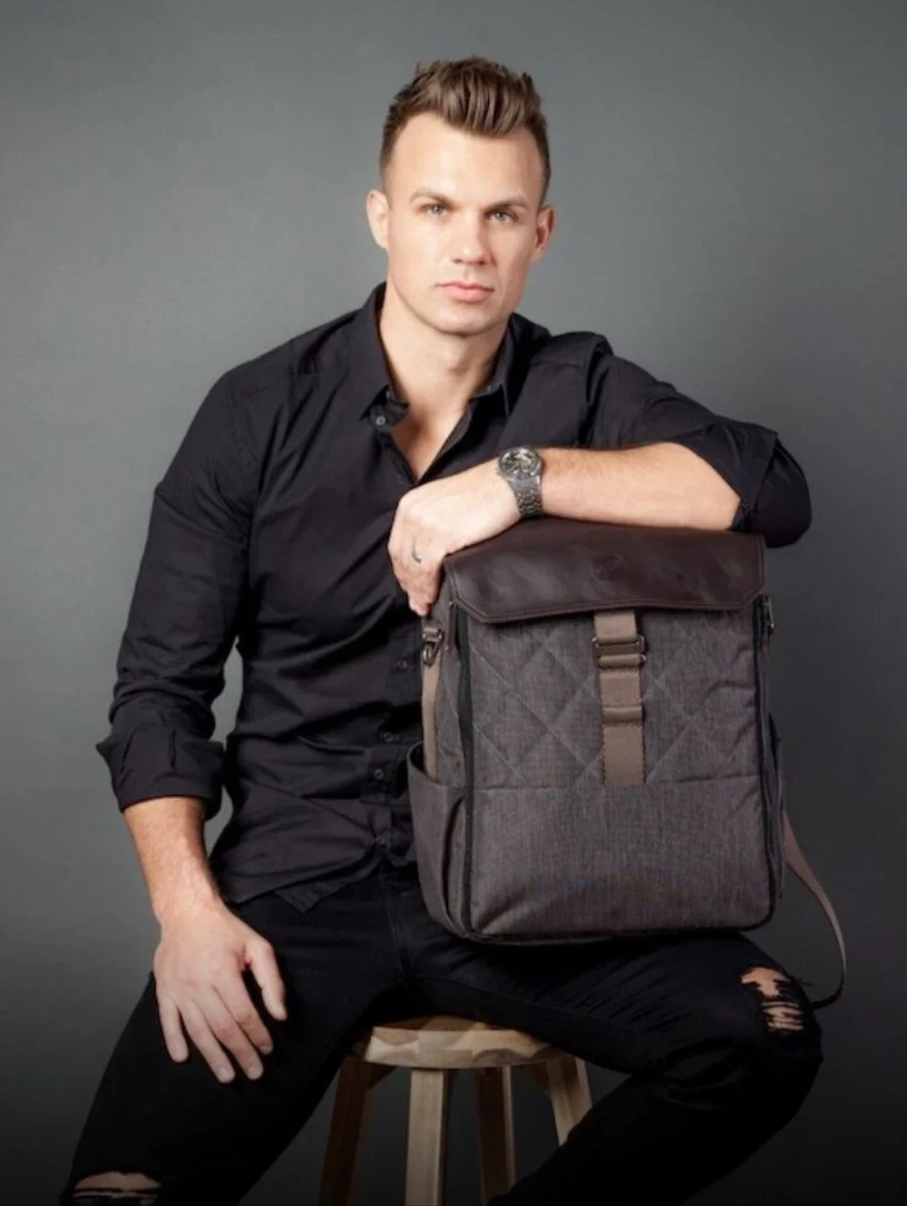 Men's Paperclip Diaper Bag Quilted Dark Brown Backpack with Flap Closure